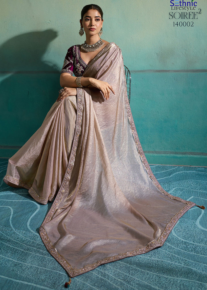 Taupe Brown Velvet Satin Saree with Minimal Stone-Embellished Border