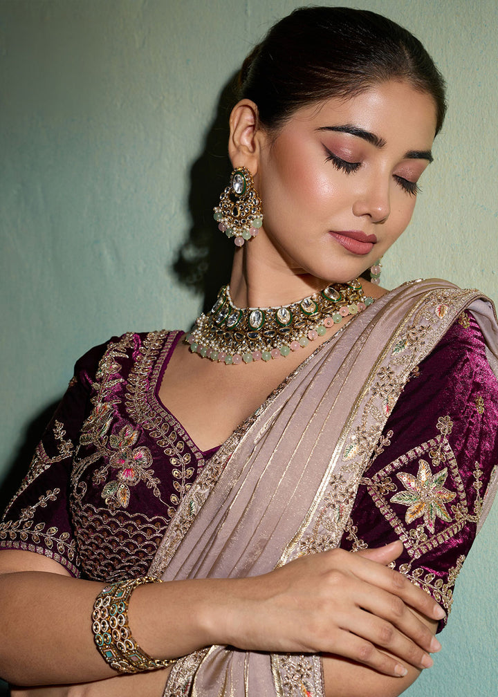 Taupe Brown Velvet Satin Saree with Minimal Stone-Embellished Border