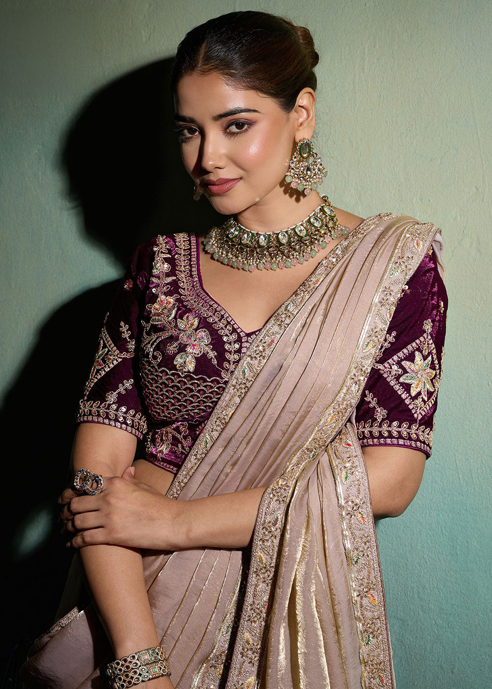 Taupe Brown Velvet Satin Saree with Minimal Stone-Embellished Border