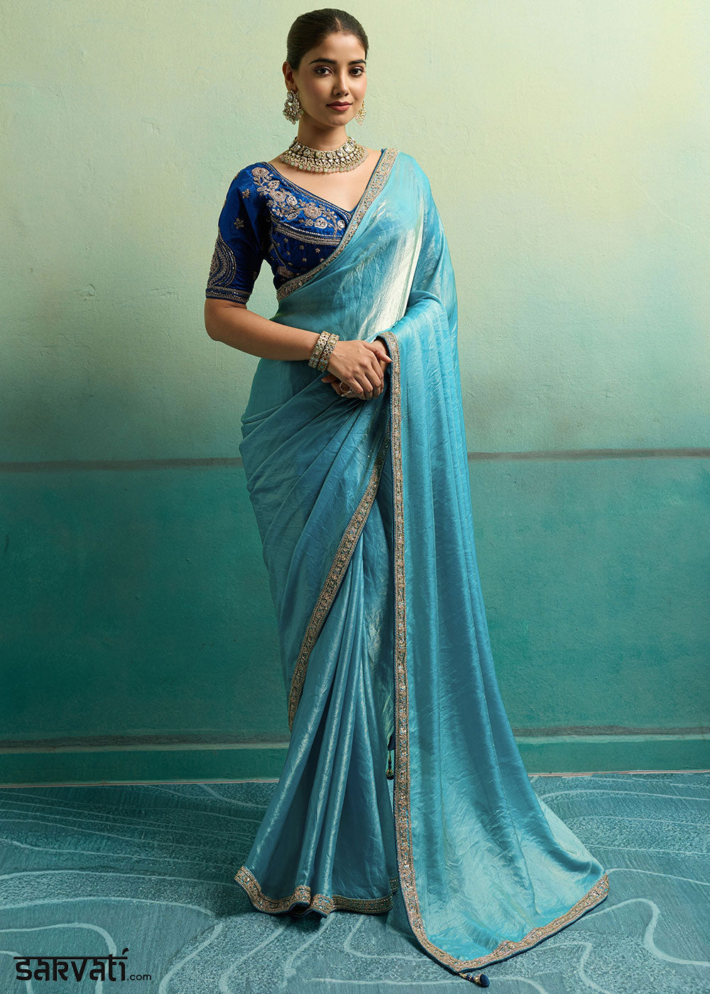 Ultramarine Blue Velvet Satin Saree with Minimal Stone-Embellished Border