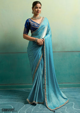 Ultramarine Blue Velvet Satin Saree with Minimal Stone-Embellished Border