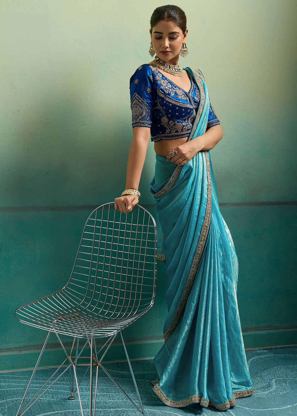 Ultramarine Blue Velvet Satin Saree with Minimal Stone-Embellished Border