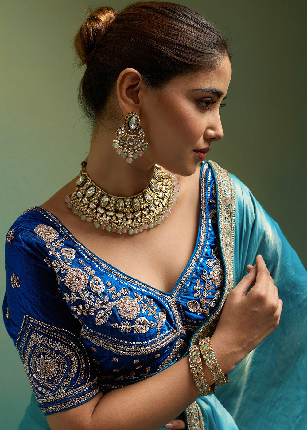 Ultramarine Blue Velvet Satin Saree with Minimal Stone-Embellished Border