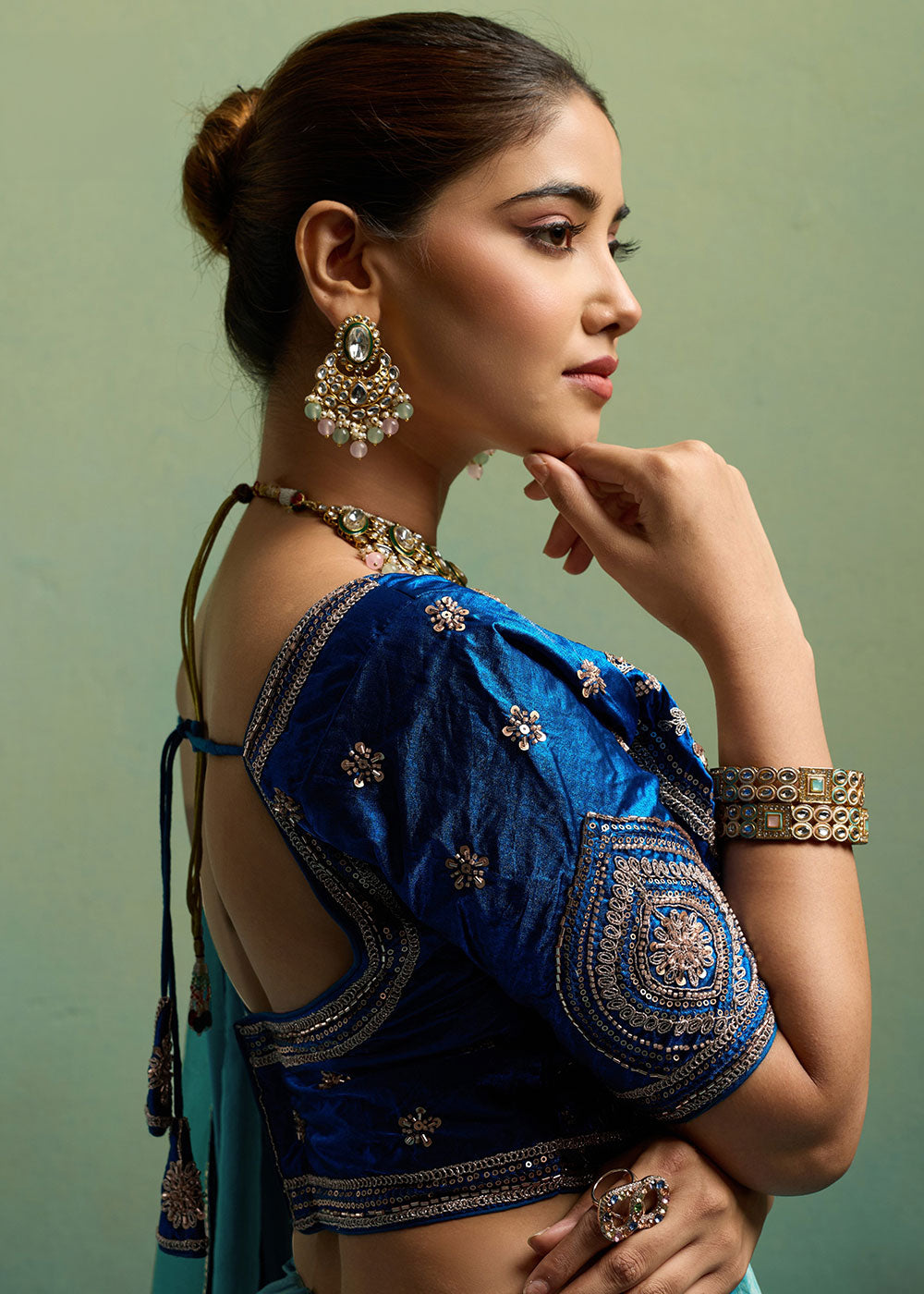 Ultramarine Blue Velvet Satin Saree with Minimal Stone-Embellished Border
