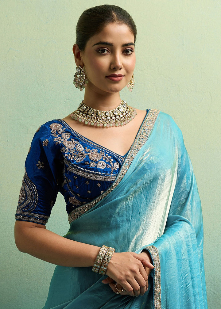 Ultramarine Blue Velvet Satin Saree with Minimal Stone-Embellished Border