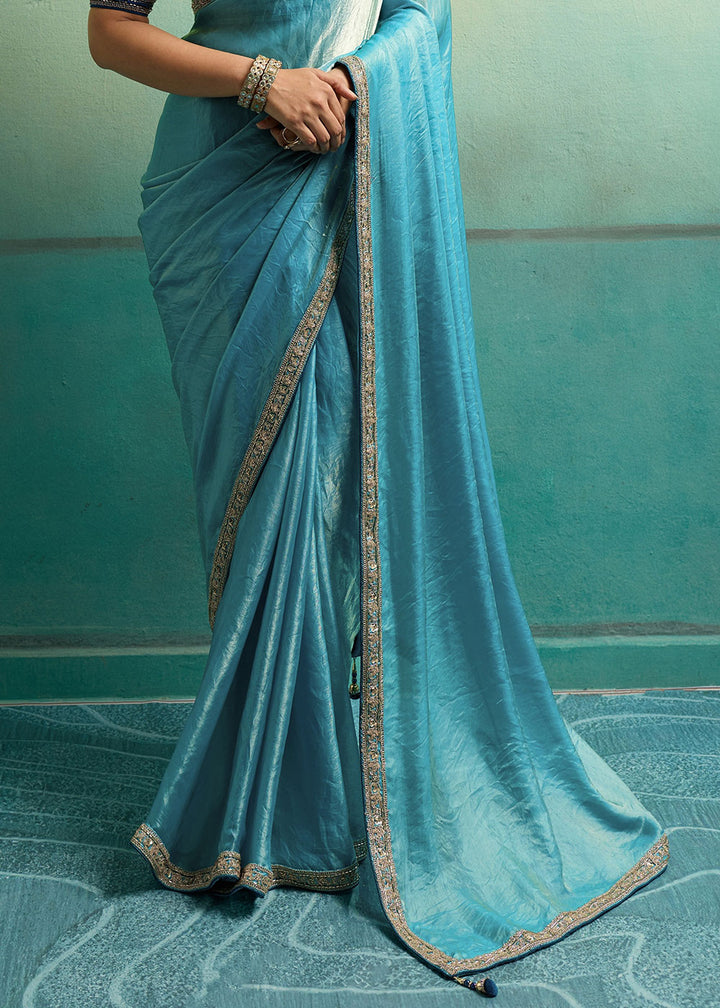 Ultramarine Blue Velvet Satin Saree with Minimal Stone-Embellished Border