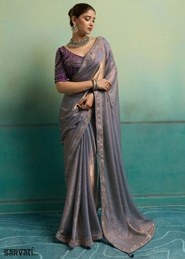 Mauve Purple Velvet Satin Saree with Minimal Stone-Embellished Border