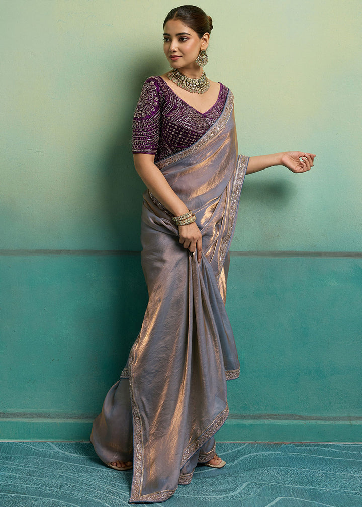 Mauve Purple Velvet Satin Saree with Minimal Stone-Embellished Border
