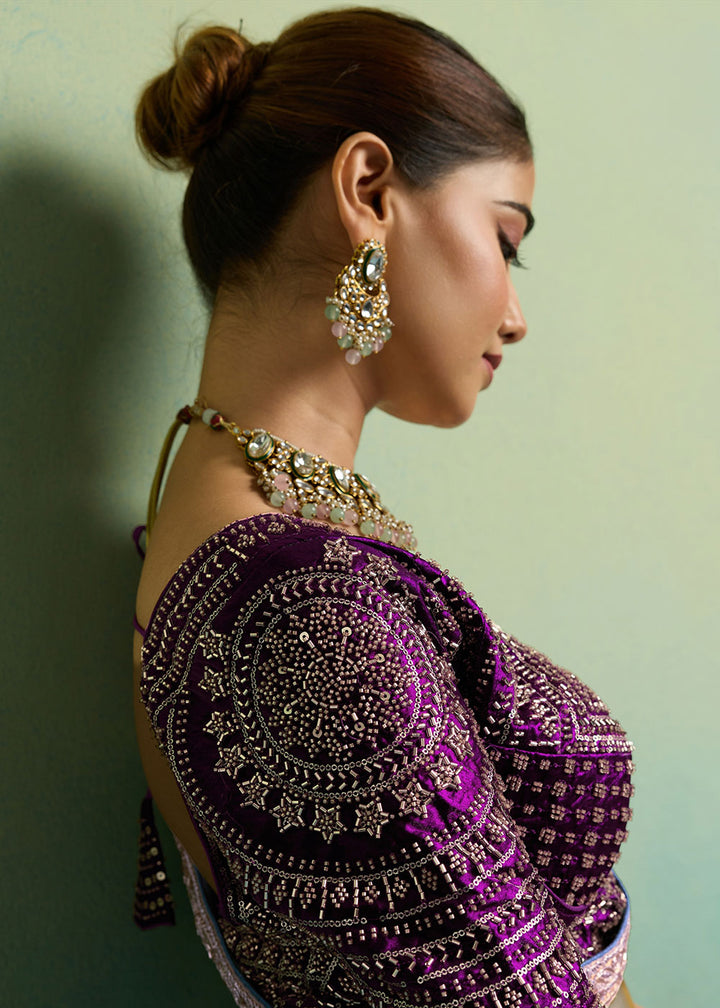 Mauve Purple Velvet Satin Saree with Minimal Stone-Embellished Border