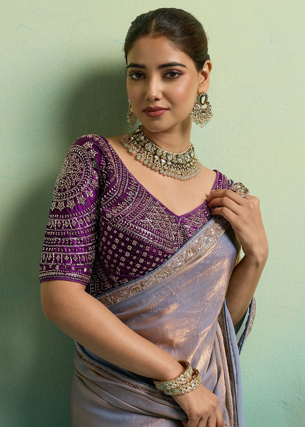 Mauve Purple Velvet Satin Saree with Minimal Stone-Embellished Border