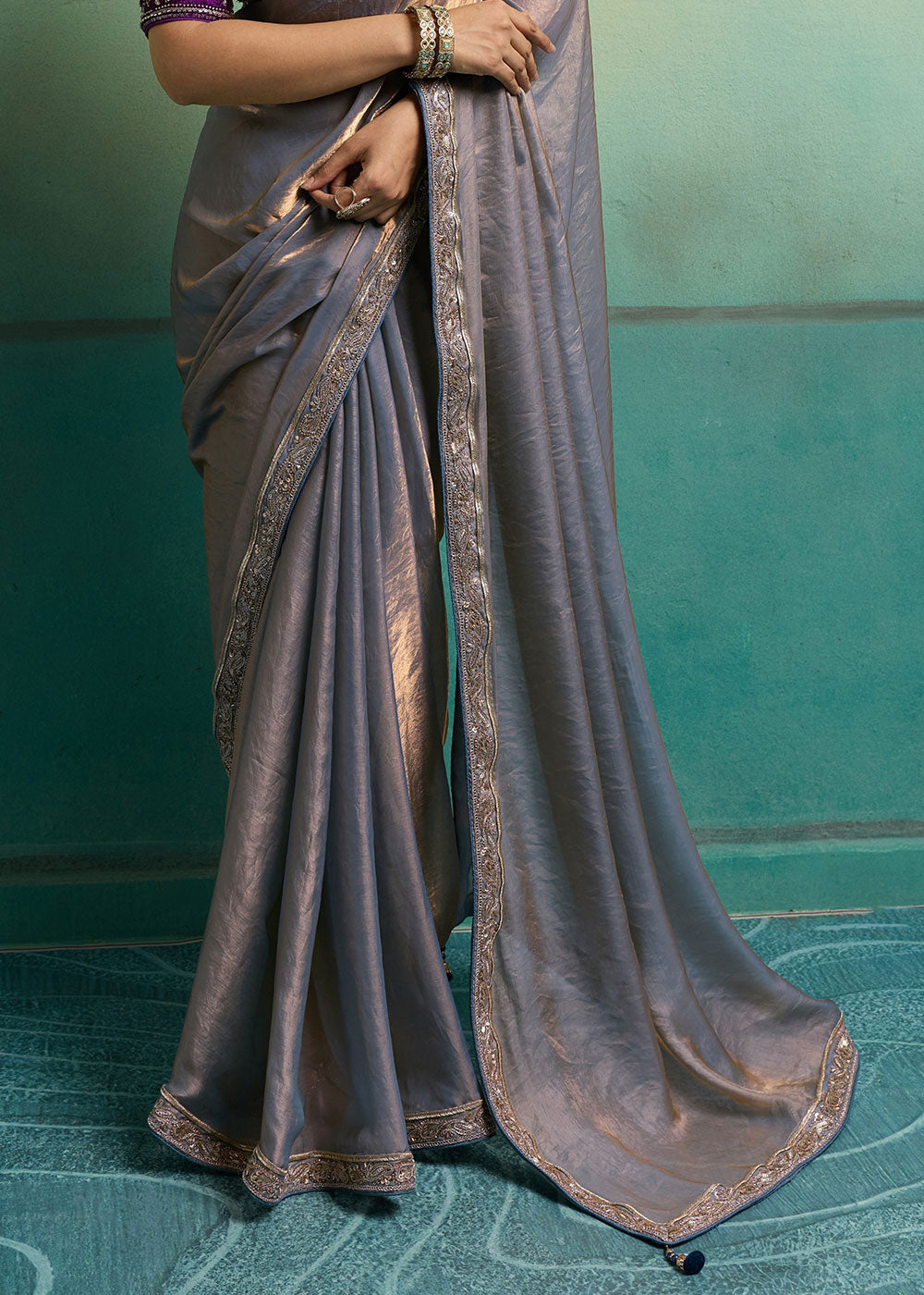 Mauve Purple Velvet Satin Saree with Minimal Stone-Embellished Border