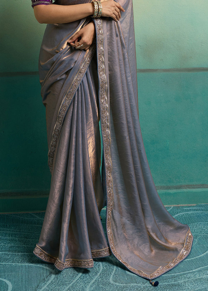 Mauve Purple Velvet Satin Saree with Minimal Stone-Embellished Border