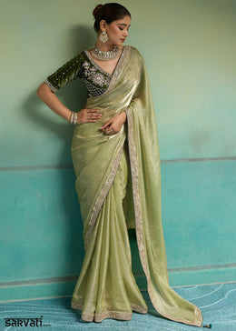 Pistachio Green Velvet Satin Saree with Minimal Stone-Embellished Border