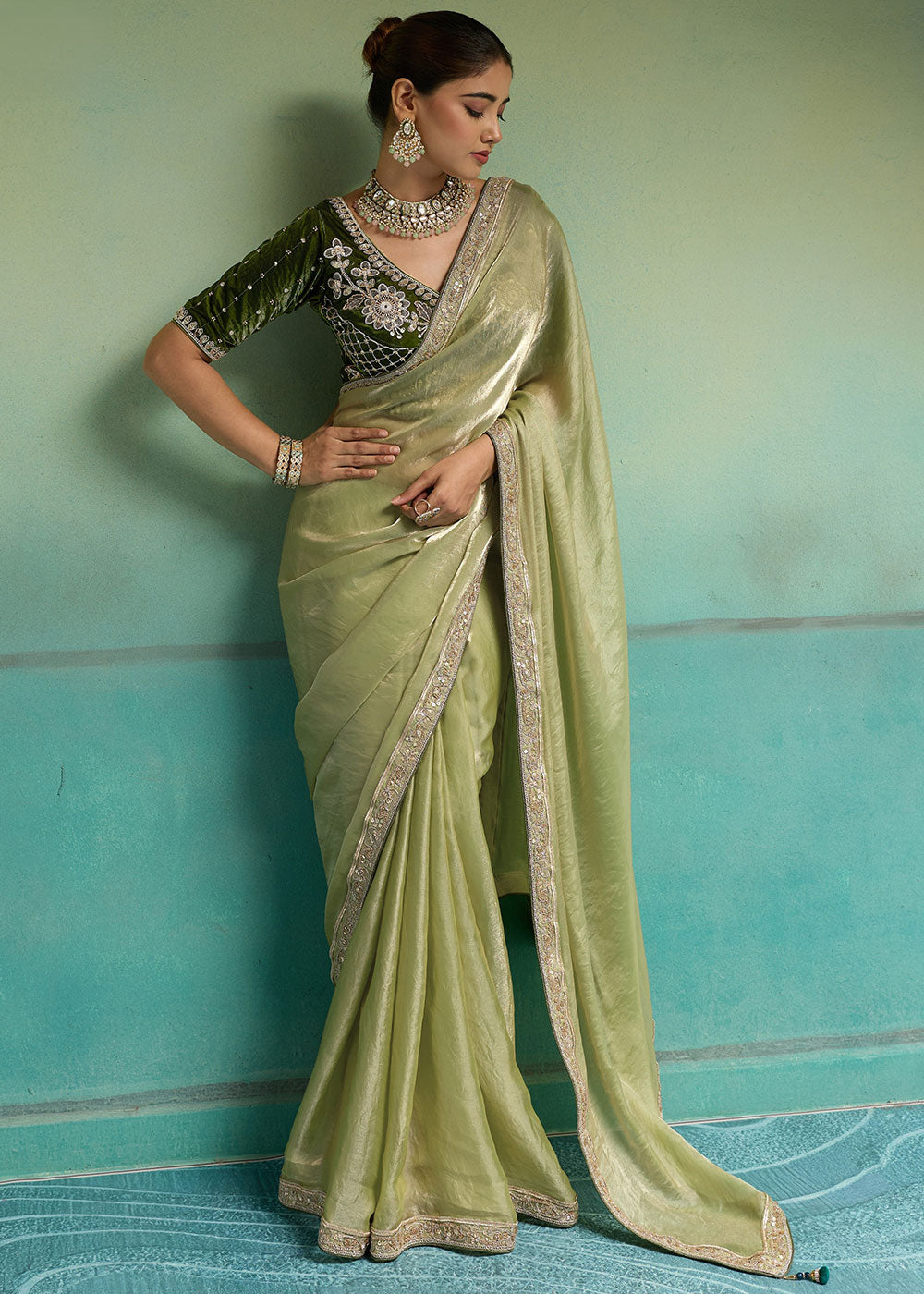 Pistachio Green Velvet Satin Saree with Minimal Stone-Embellished Border