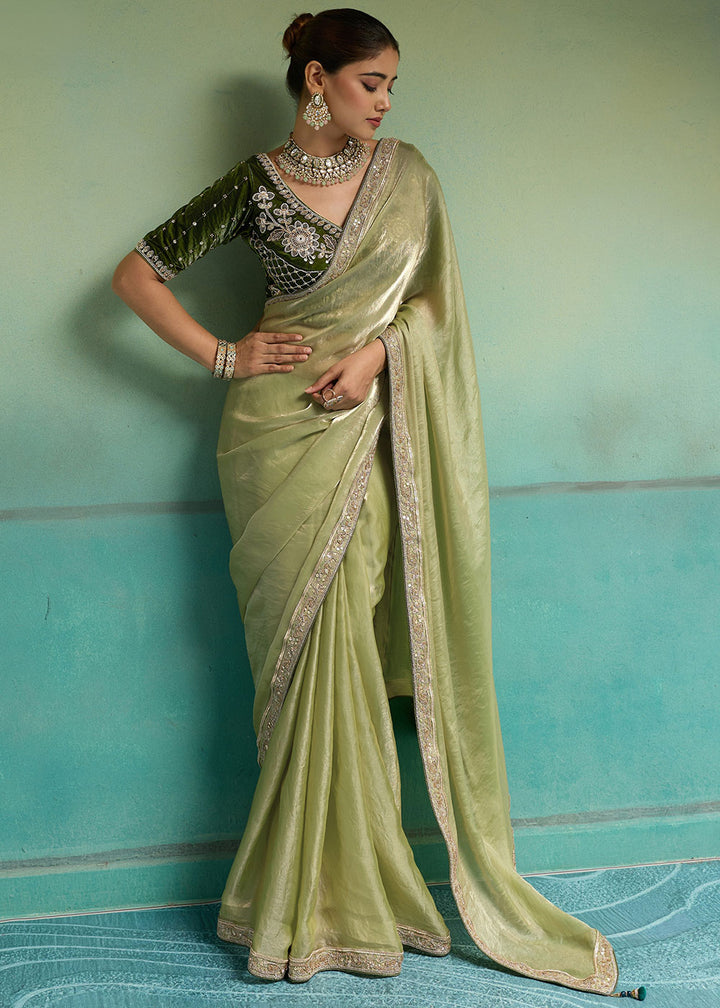 Pistachio Green Velvet Satin Saree with Minimal Stone-Embellished Border