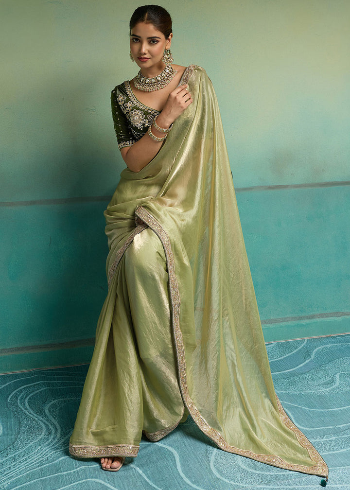 Pistachio Green Velvet Satin Saree with Minimal Stone-Embellished Border