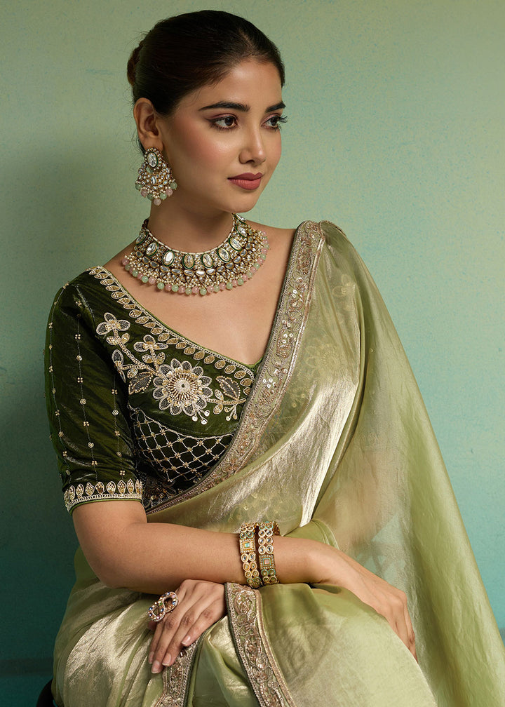 Pistachio Green Velvet Satin Saree with Minimal Stone-Embellished Border