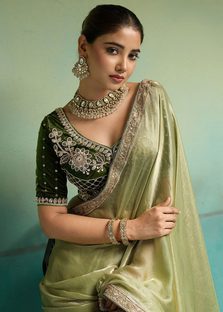 Pistachio Green Velvet Satin Saree with Minimal Stone-Embellished Border