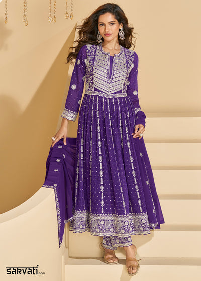 Iris Purple Georgette Palazzo Suit with Embroidery