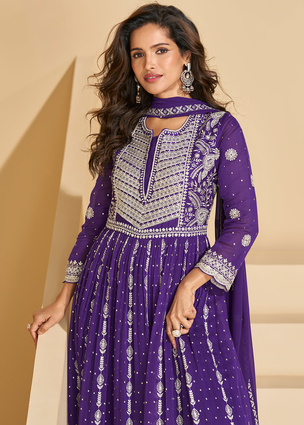 Iris Purple Georgette Palazzo Suit with Embroidery