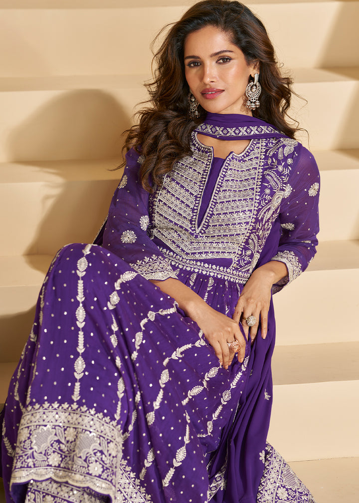 Iris Purple Georgette Palazzo Suit with Embroidery