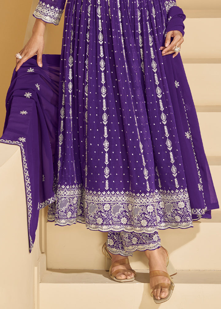 Iris Purple Georgette Palazzo Suit with Embroidery