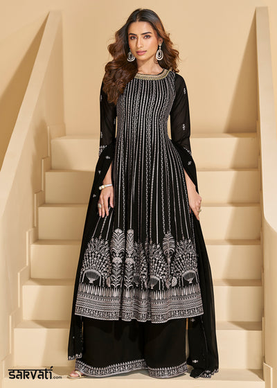 Onyx Black Georgette Palazzo Suit with Embroidery