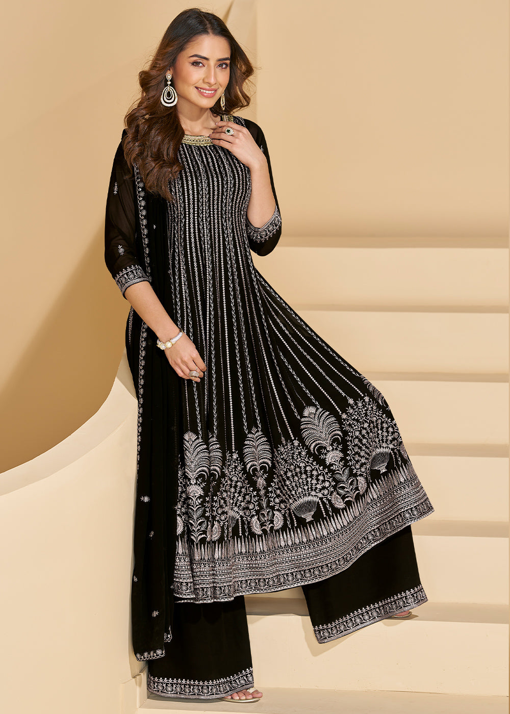 Onyx Black Georgette Palazzo Suit with Embroidery
