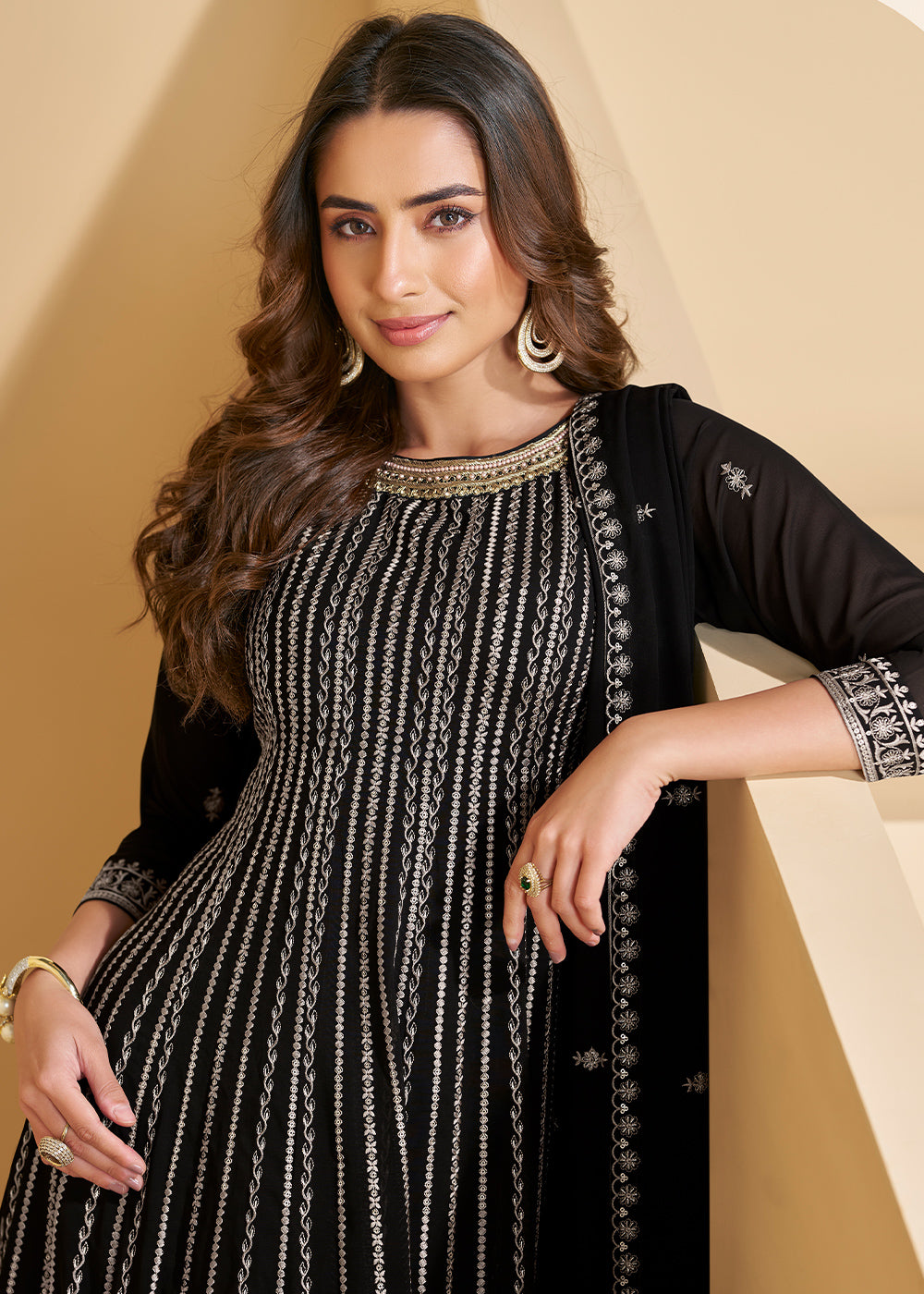 Onyx Black Georgette Palazzo Suit with Embroidery