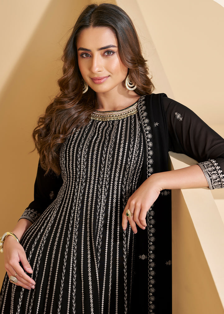 Onyx Black Georgette Palazzo Suit with Embroidery