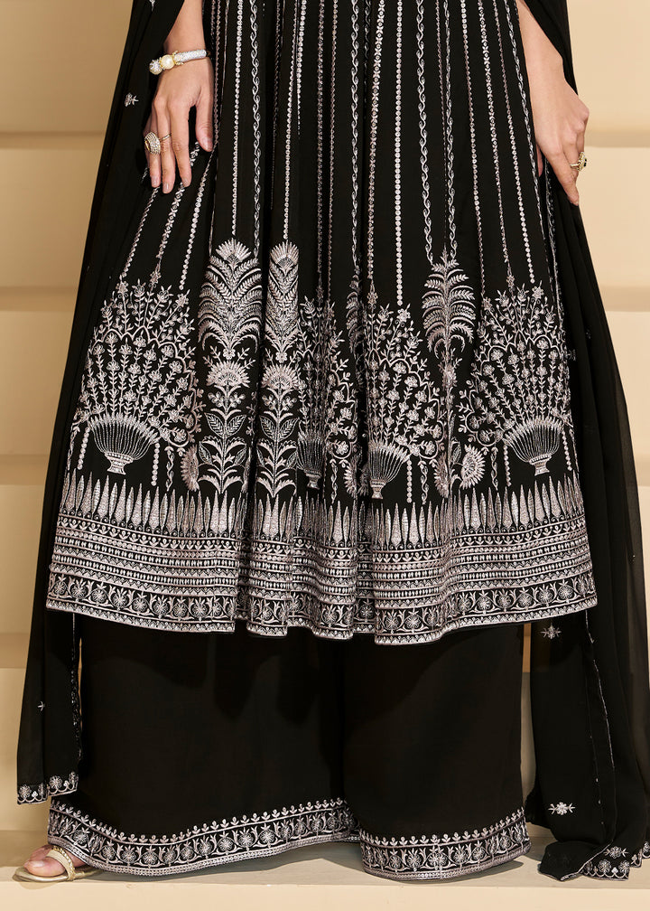 Onyx Black Georgette Palazzo Suit with Embroidery