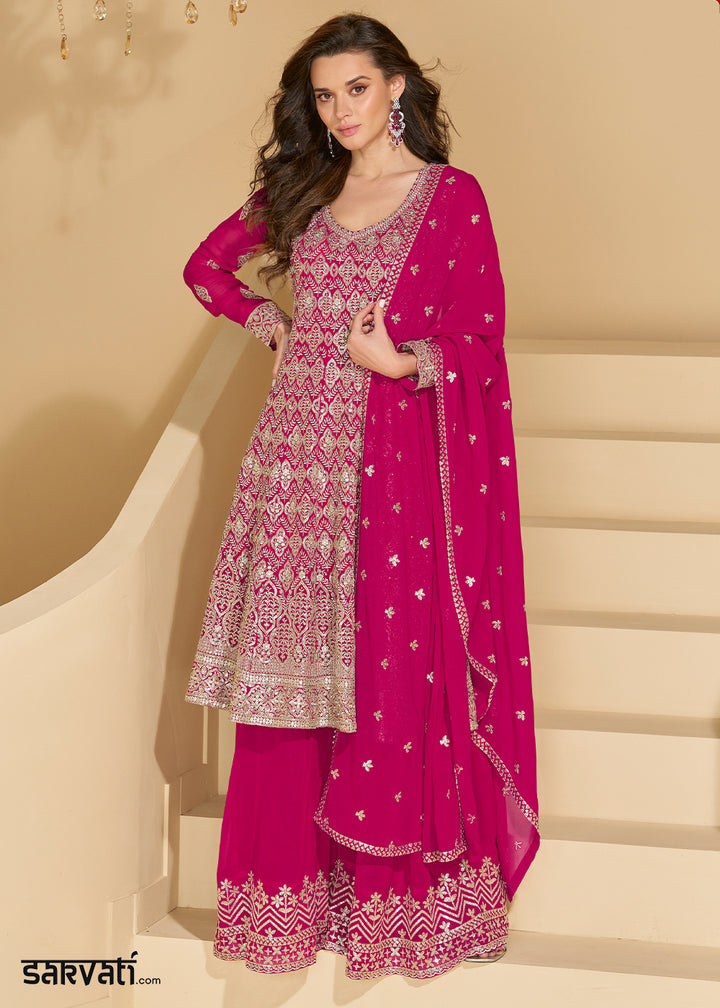Magenta Pink Georgette Palazzo Suit with Embroidery