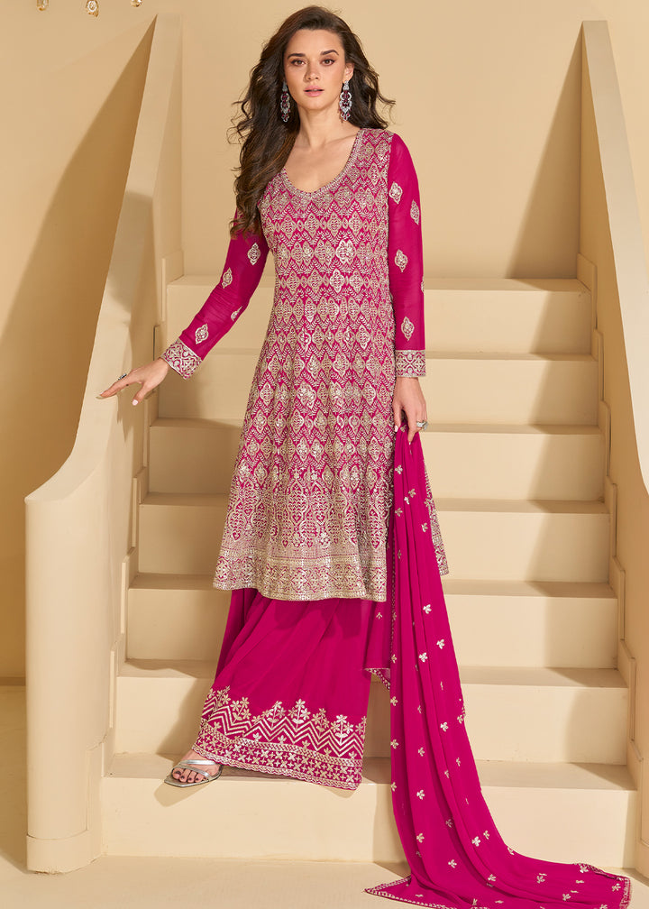 Magenta Pink Georgette Palazzo Suit with Embroidery