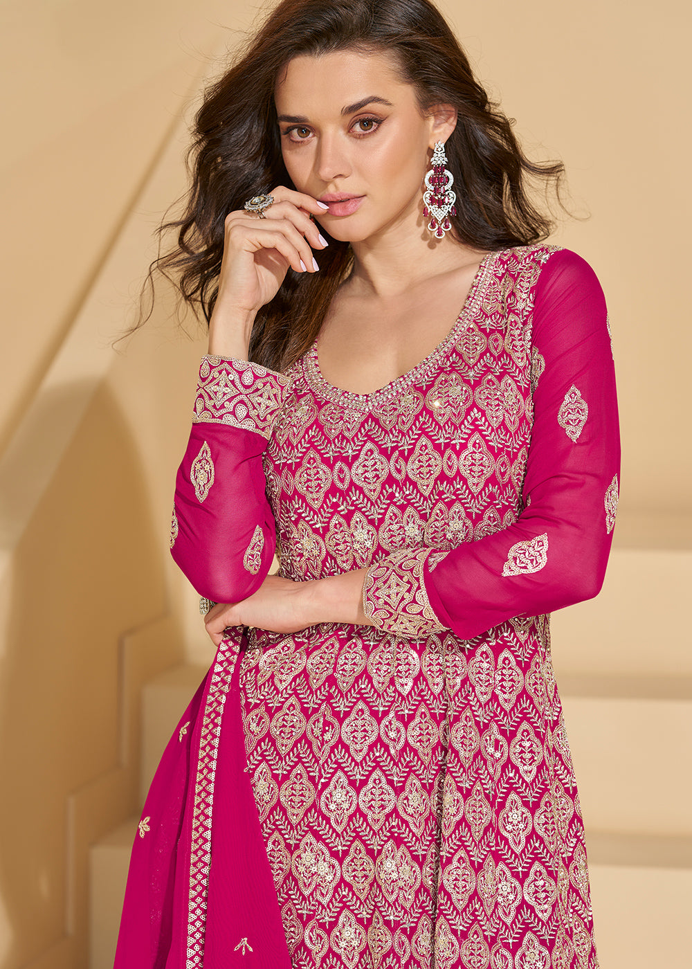 Magenta Pink Georgette Palazzo Suit with Embroidery