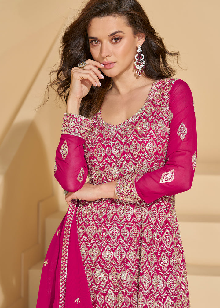 Magenta Pink Georgette Palazzo Suit with Embroidery