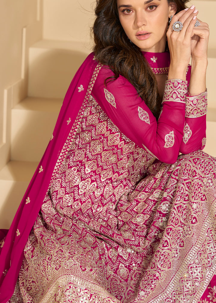 Magenta Pink Georgette Palazzo Suit with Embroidery