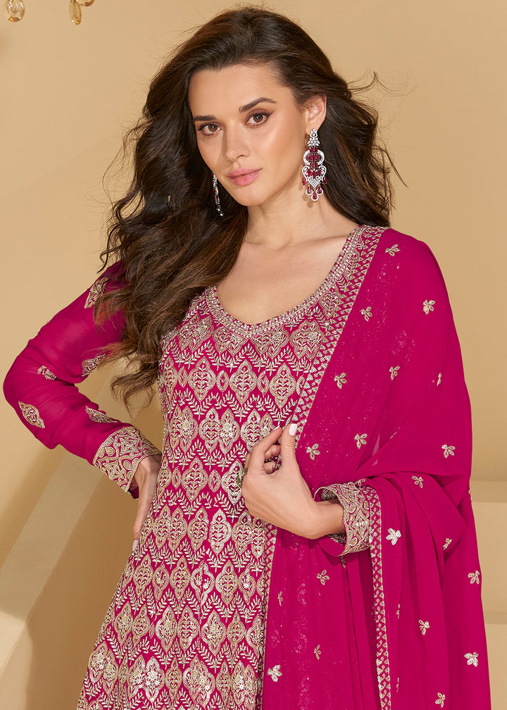Magenta Pink Georgette Palazzo Suit with Embroidery