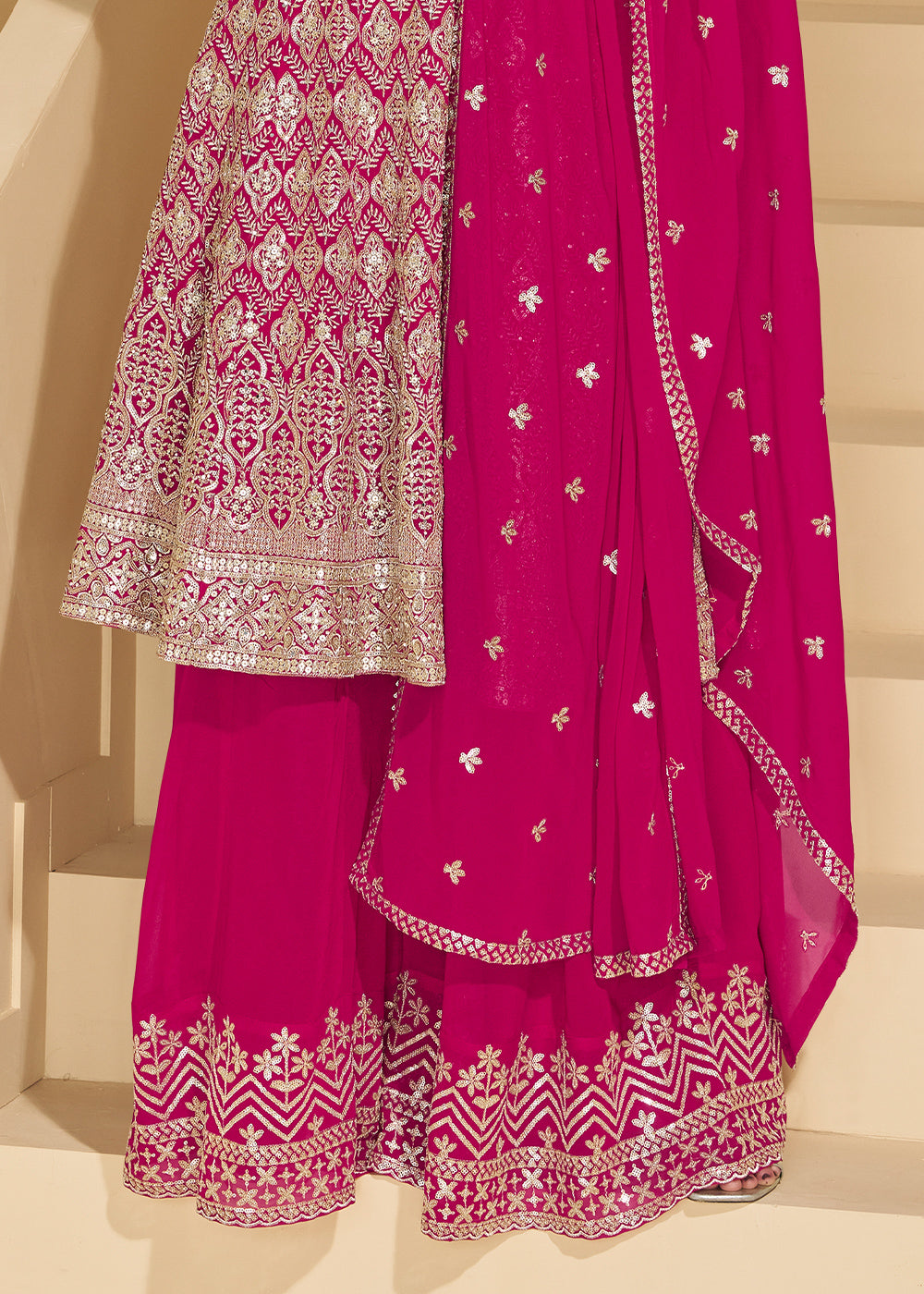 Magenta Pink Georgette Palazzo Suit with Embroidery