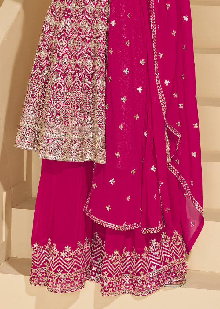 Magenta Pink Georgette Palazzo Suit with Embroidery
