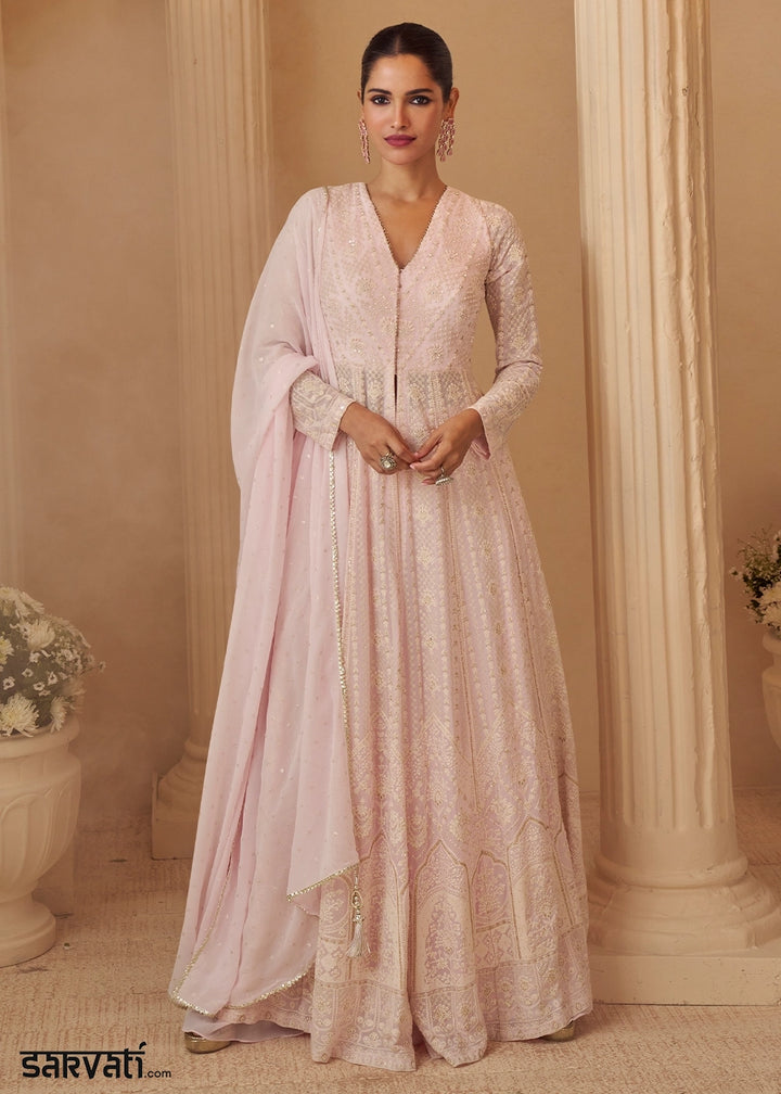 Lace Pink Chikankari Embroidered Georgette Front Cut Top and Palazzo