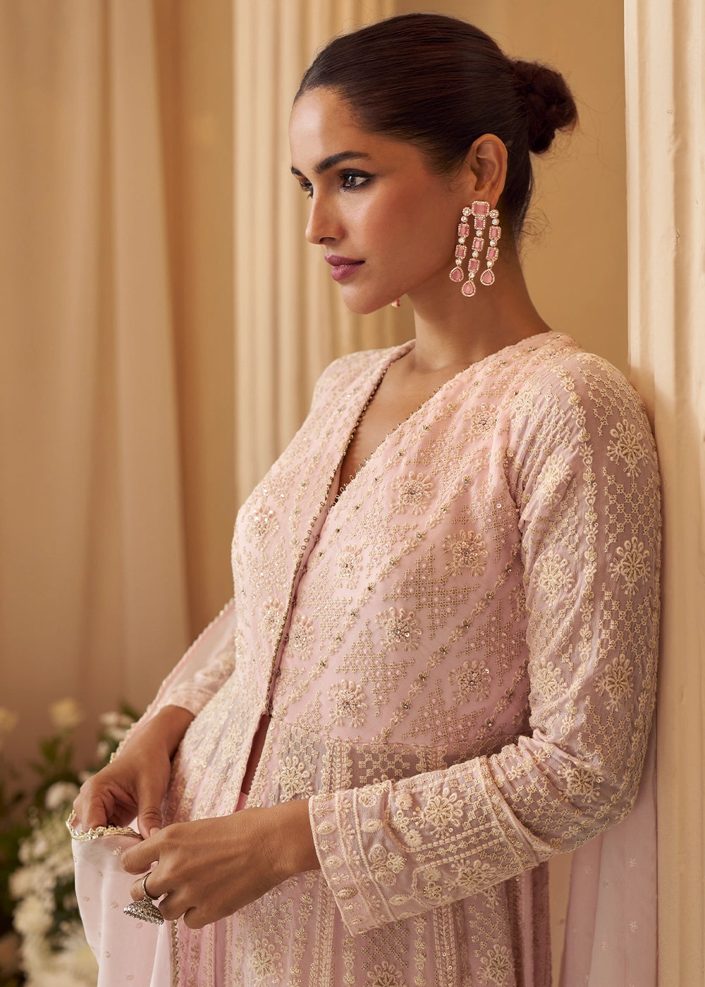 Lace Pink Chikankari Embroidered Georgette Front Cut Top and Palazzo