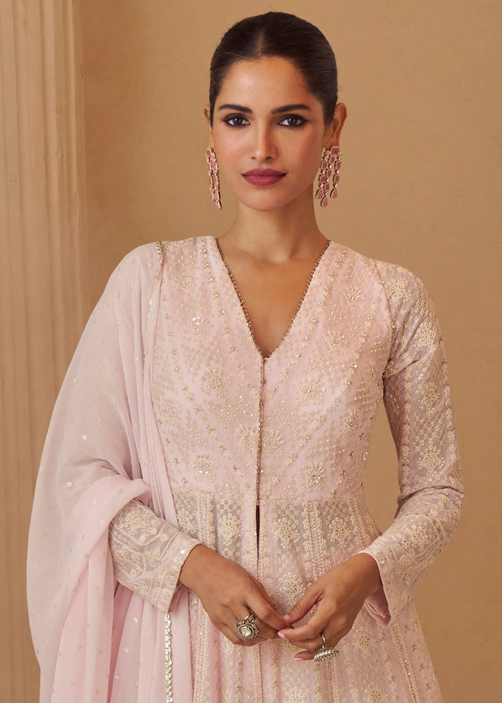 Lace Pink Chikankari Embroidered Georgette Front Cut Top and Palazzo