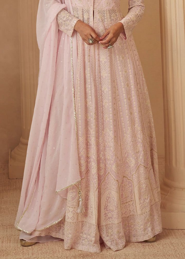Lace Pink Chikankari Embroidered Georgette Front Cut Top and Palazzo