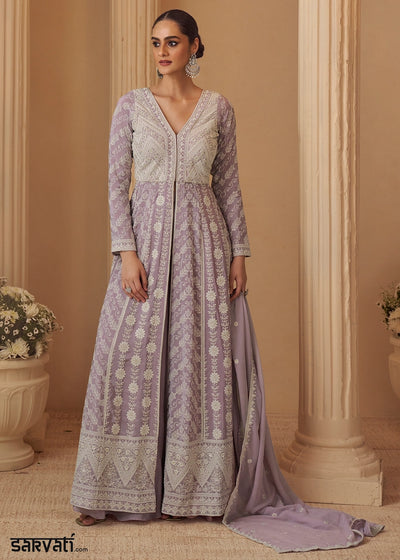 Light Purple Chikankari Embroidered Georgette Front Cut Top and Palazzo