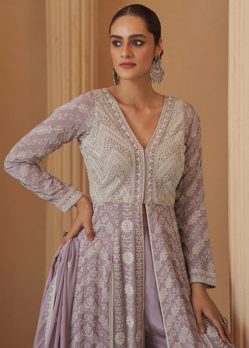 Light Purple Chikankari Embroidered Georgette Front Cut Top and Palazzo