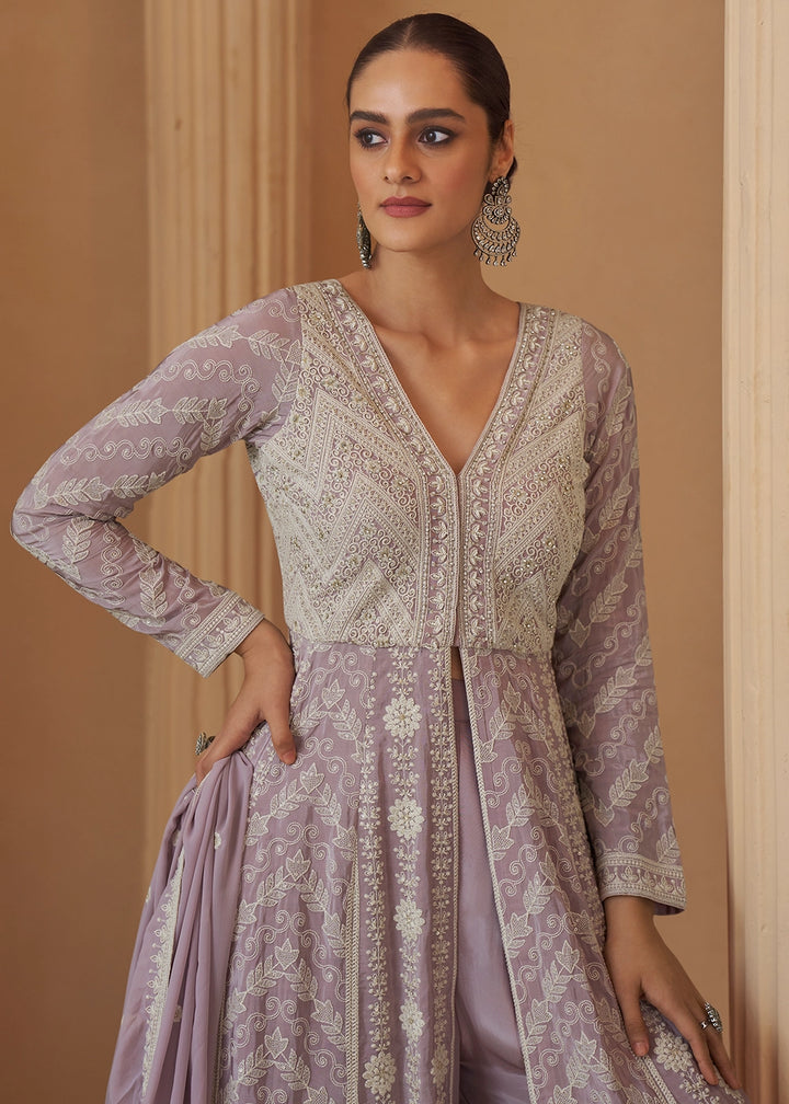 Light Purple Chikankari Embroidered Georgette Front Cut Top and Palazzo