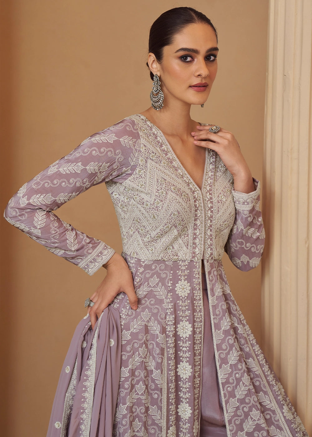 Light Purple Chikankari Embroidered Georgette Front Cut Top and Palazzo