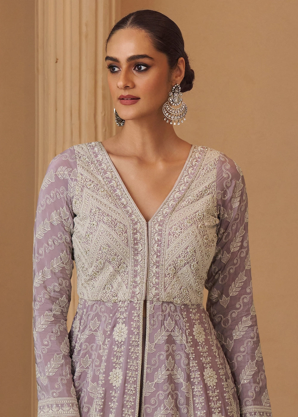 Light Purple Chikankari Embroidered Georgette Front Cut Top and Palazzo