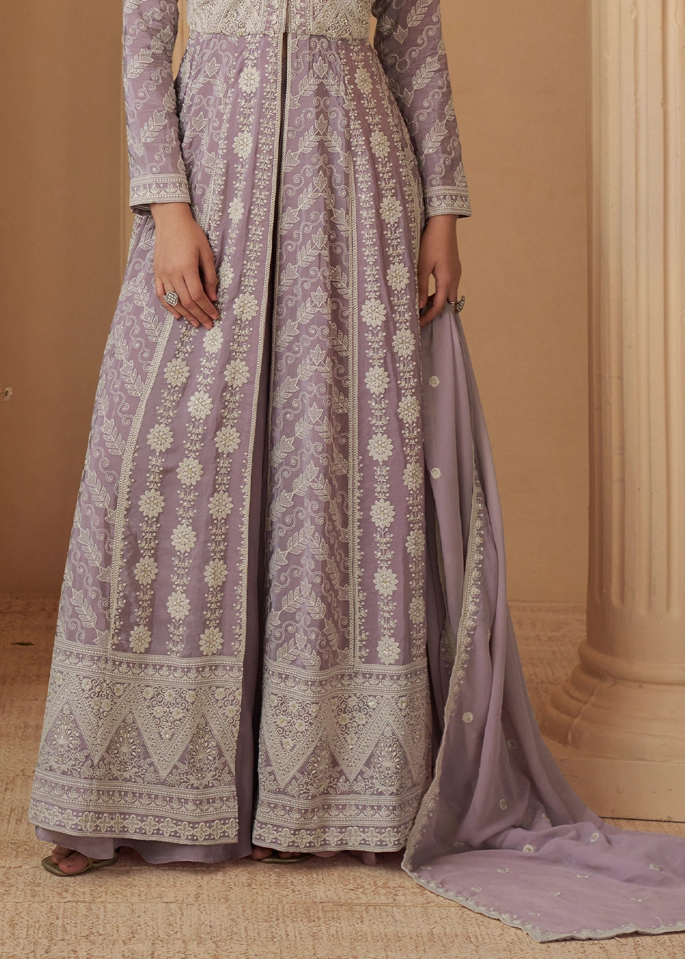 Light Purple Chikankari Embroidered Georgette Front Cut Top and Palazzo