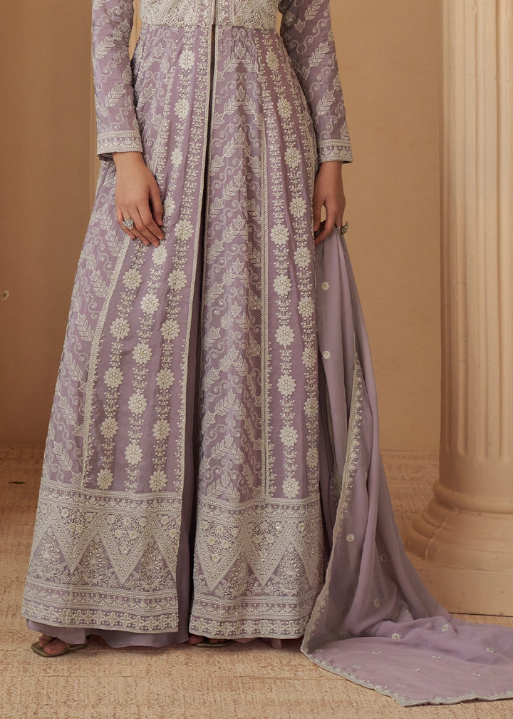 Light Purple Chikankari Embroidered Georgette Front Cut Top and Palazzo